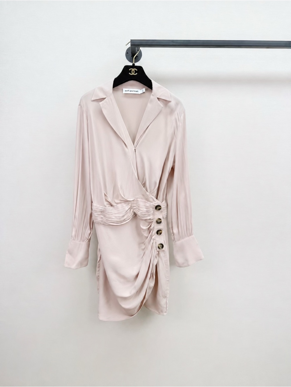 Self-Portrait Pale Blush Satin Draped Wrap Long-Sleeve Dress